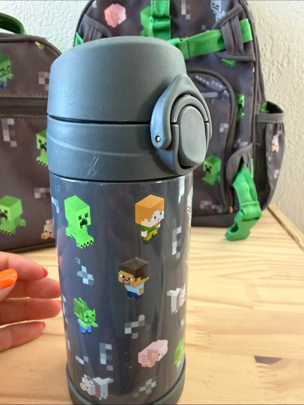 Minecraft Pottery Barn kids Gray & Green Backpack Set with Lunch Bag and Bottle